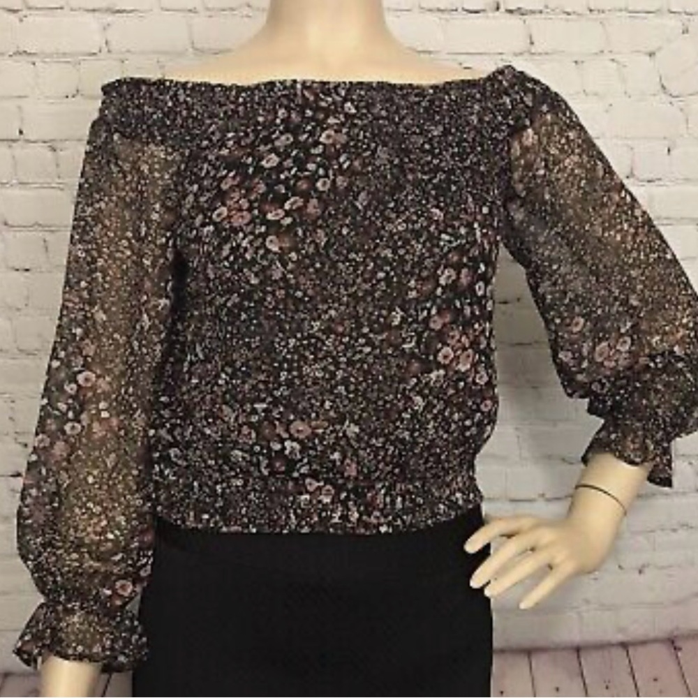 Abercrombie Women’s Blouse Off-the Shoulder Crinckle Chiffon Sz Small Black Flor